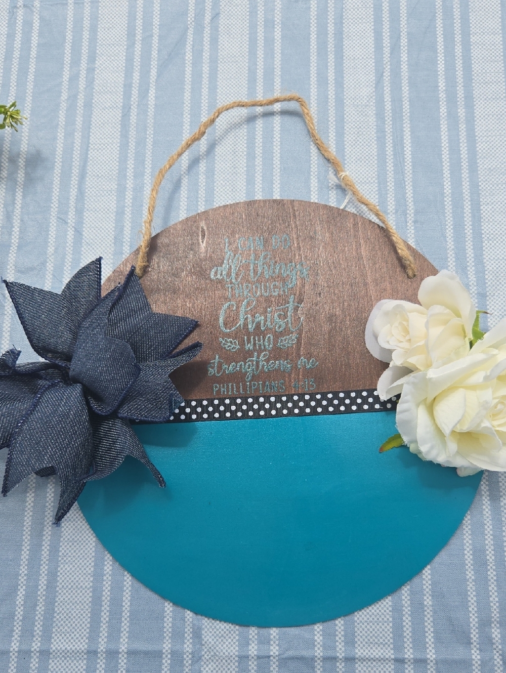 Round Teal and Wood Wall/Door Plaque with Floral Accents